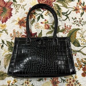 VTG Liz Claiborne Black Faux Crocodile Leather Tassel Bow Purse Mini Tote Y2K‎